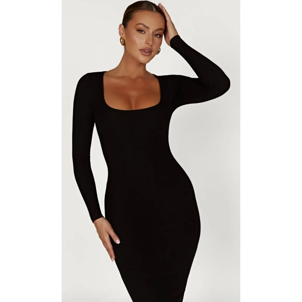 NEW Meshki Sierra Scoop Neck Long Sleeve Midi Dress Ribbed Black Size Small - Image 2