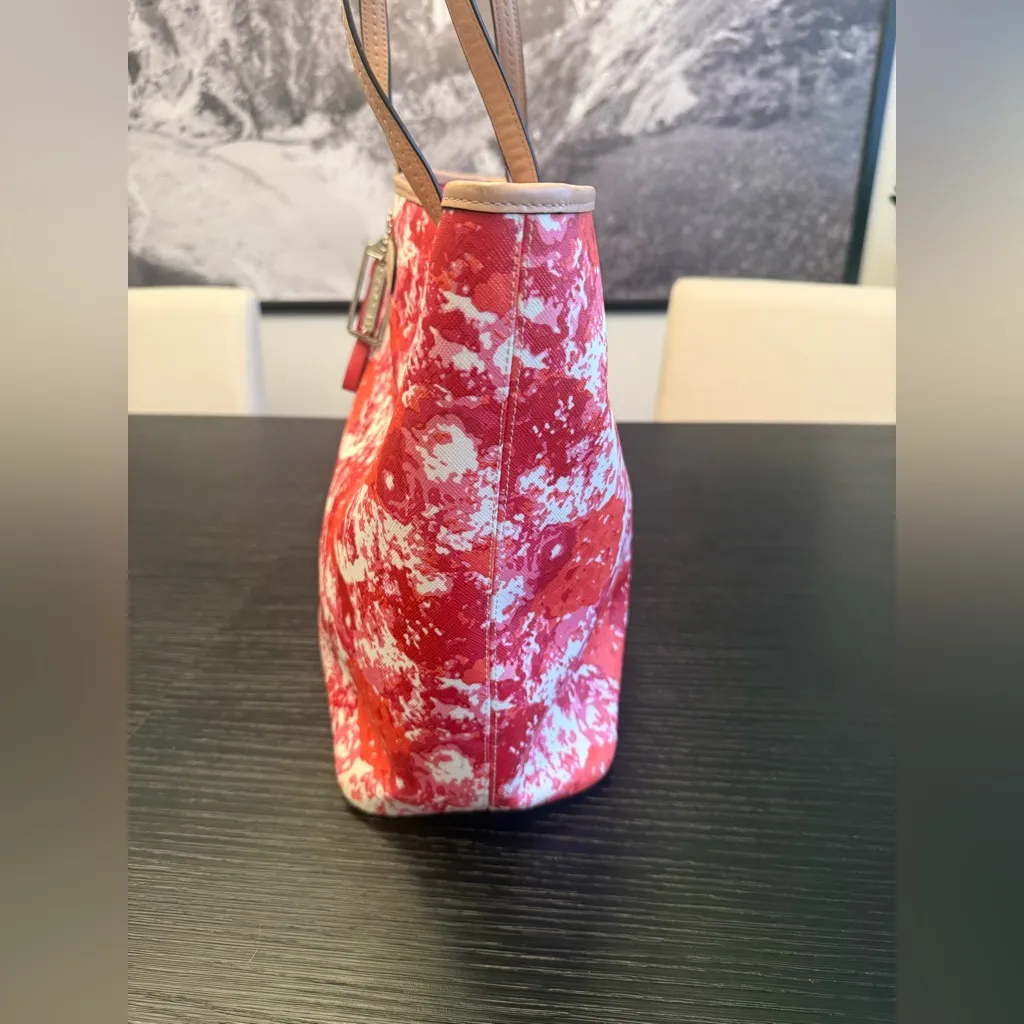 Coach Peyton Floral Print Top Handle Tote Bag Pink Orange White Leather Bag - Image 6