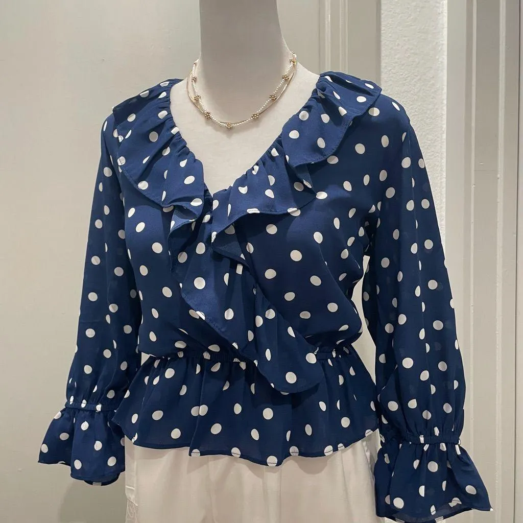 LIKE NEW Forever 21 F21 Navy Blue & White Polka Dot Ruffle Blouse - S - Image 4
