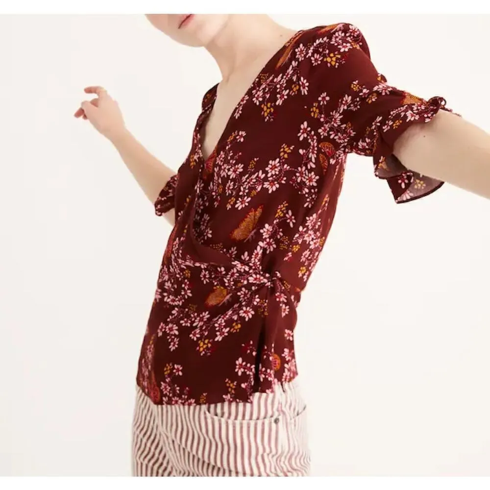 Madewell Tie-Sleeve Wrap‎ Top in Maroon Floral Butterfly Sanctuary Print, Size 2 - Image 9