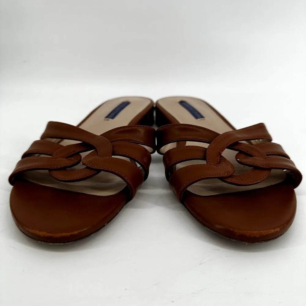 Stuart Weitzman Cami Leather Sandals Interlocking Vamp Straps Heel Brown 7.5 - Image 6