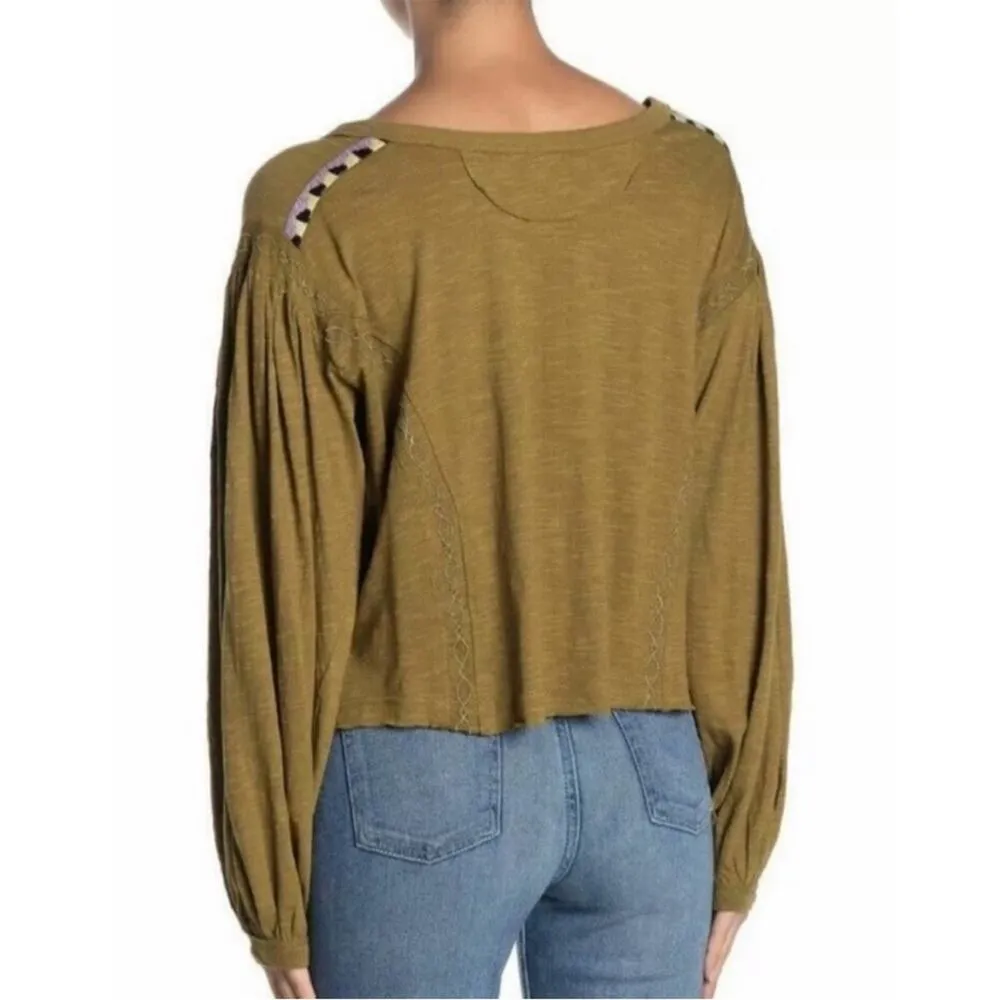 Free People Hand Me Down Moss Embroidered Collar Top M/L - Image 2