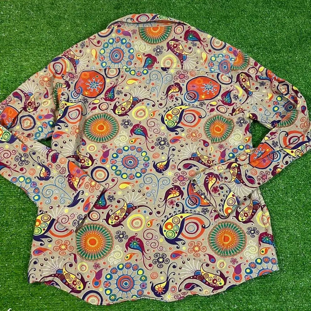 Luc Matton Women L Groovy Artsy Paisley Colorful Long Sleeve Cotton Button Up‎ Red Size L - Image 6