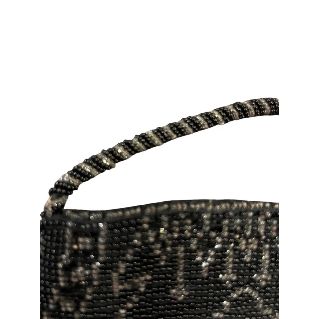 Vintage Black Beaded Evening Purse Tan/Silver Rhinestone Accents Tiny Used - Image 5