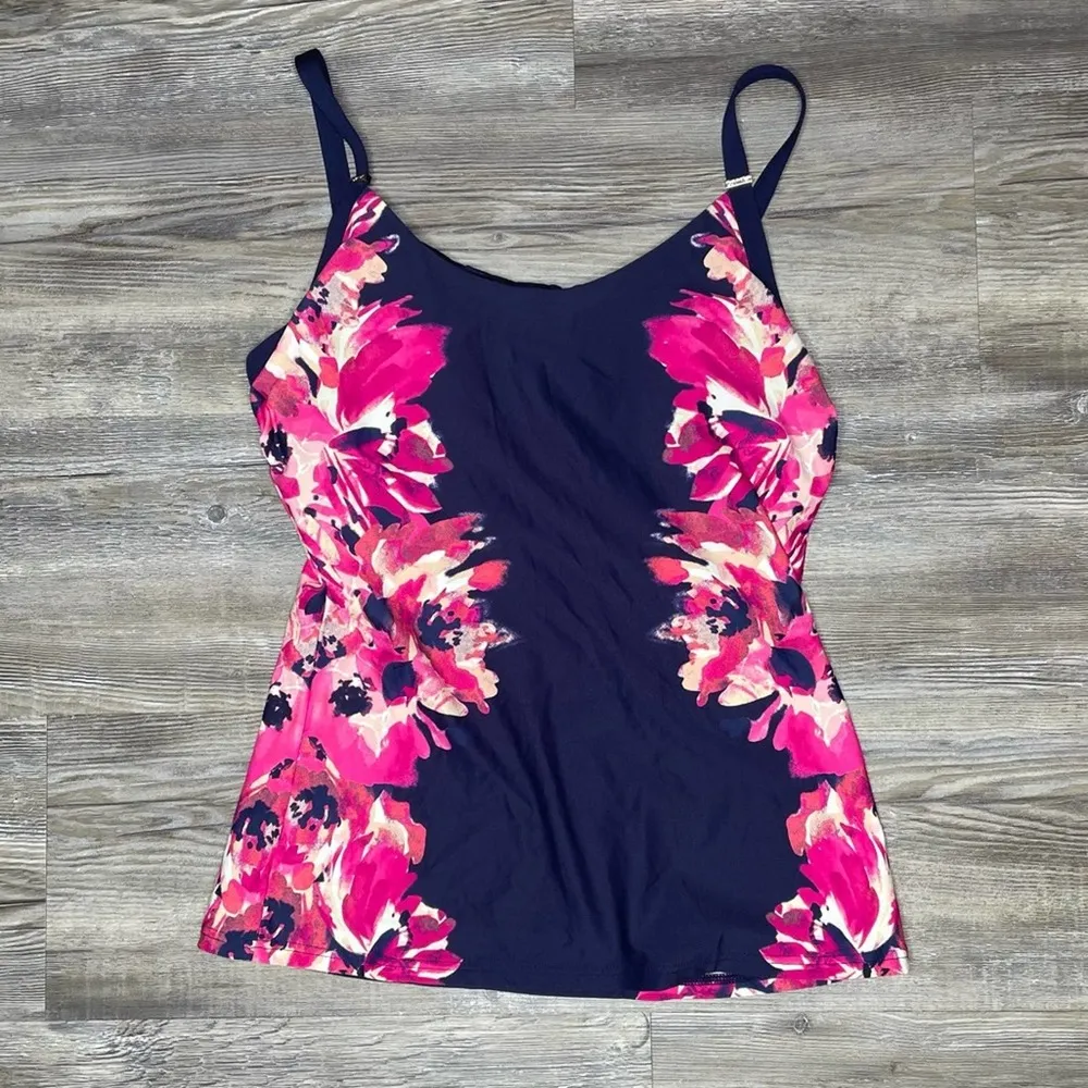 Calvin Klein Women's Navy/Pink Floral Adjustable Strap Tankini Swim Top sz S - Image 2