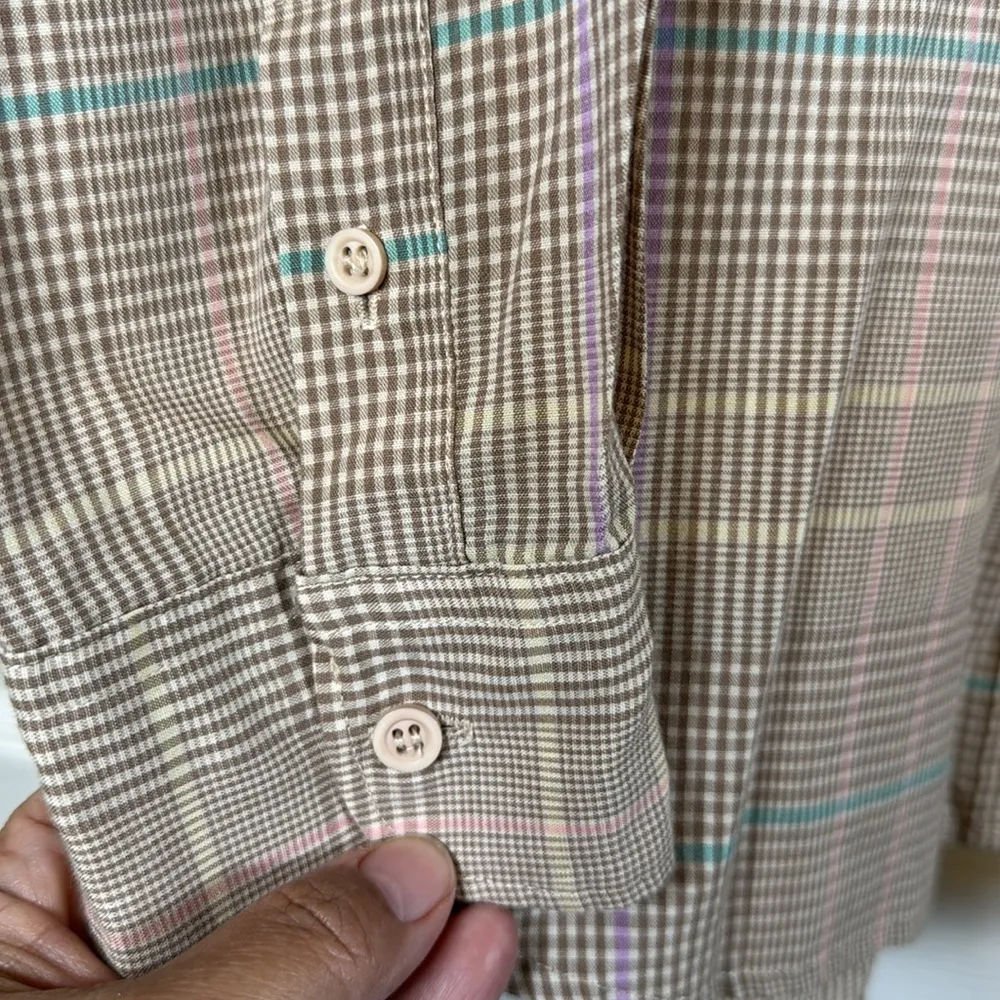 Diane Von Furstenberg Brown Plaid Easter Colors Purple Pink Teal Button Blouse - Image 2