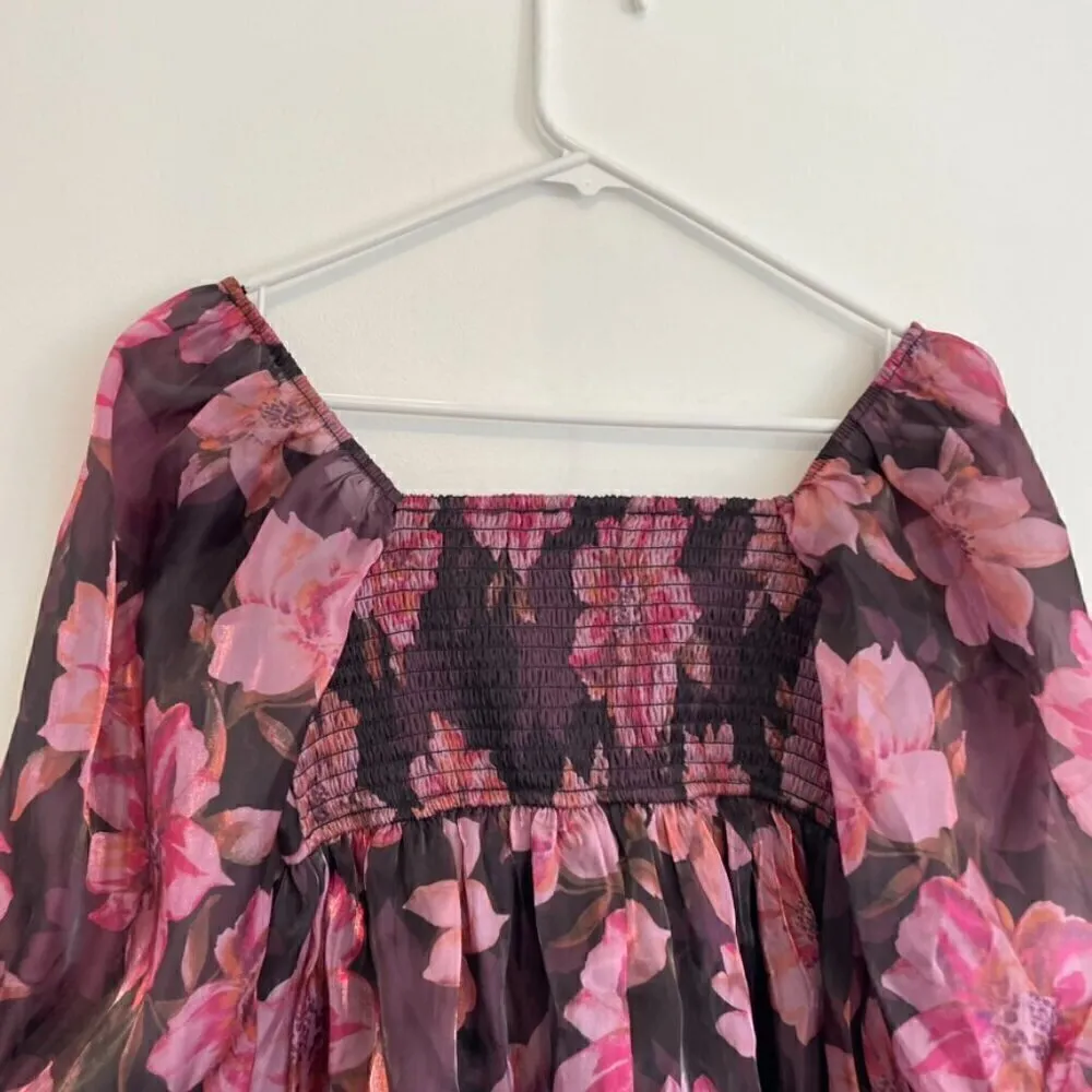 THIRTY THIRTY LA Plum Purple Pink Floral Shiny Square Neck 3/4 Sleeve Blouse S - Image 13