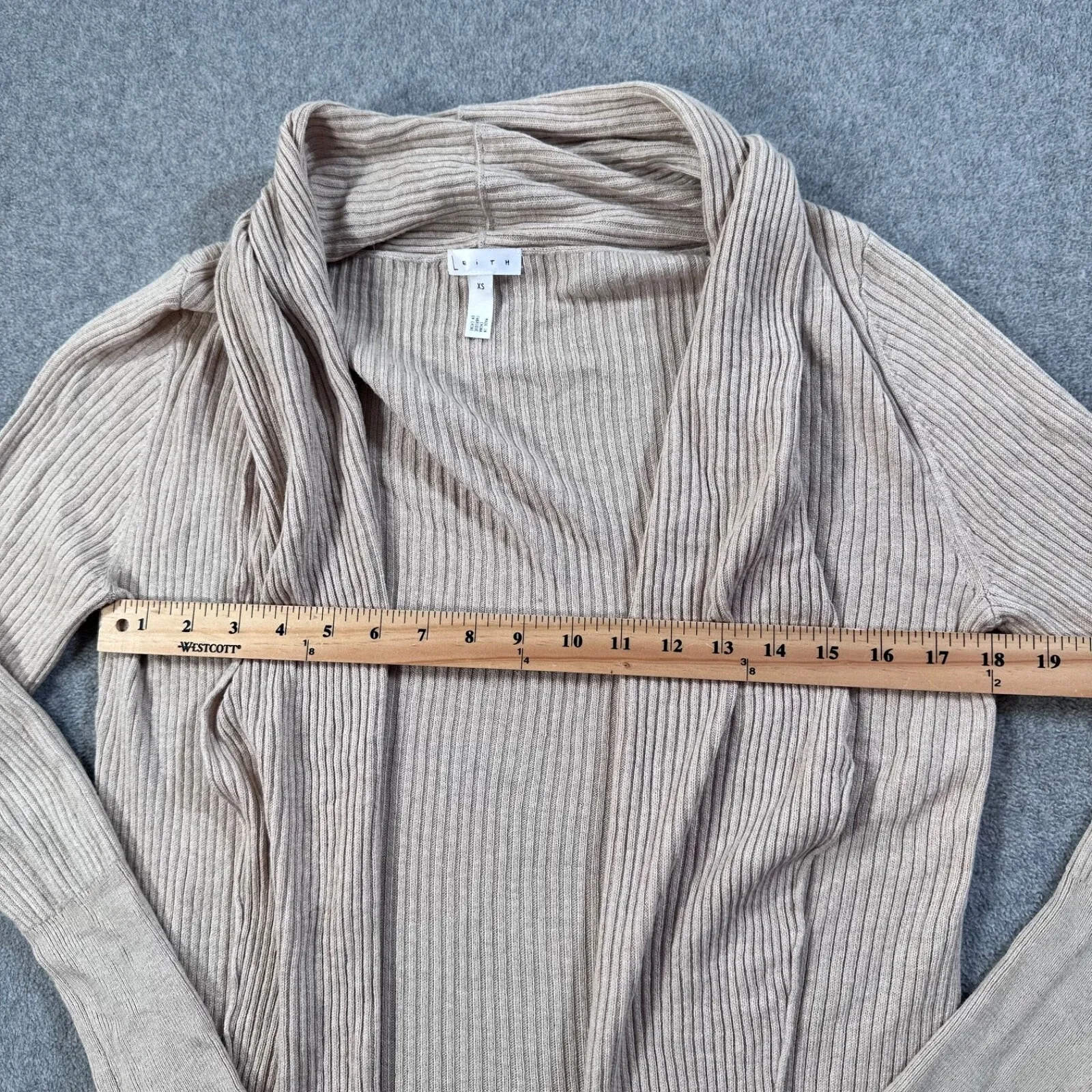 Leith Ribbed Knit Open Cardigan Sweater Women's XS Tan Oatmeal Drape Collar - Image 6