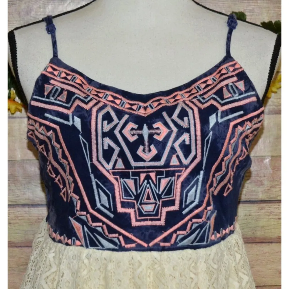 Maurices Size L Summer Dress Blue Aztec Embroidery & Cream Lace Boho Festival - Image 2