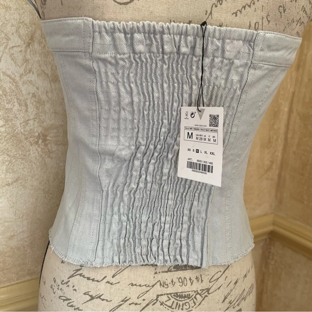 Zara sparkly denim button up corset top Jean sleeveless raw hem distressed Sz M - Image 7