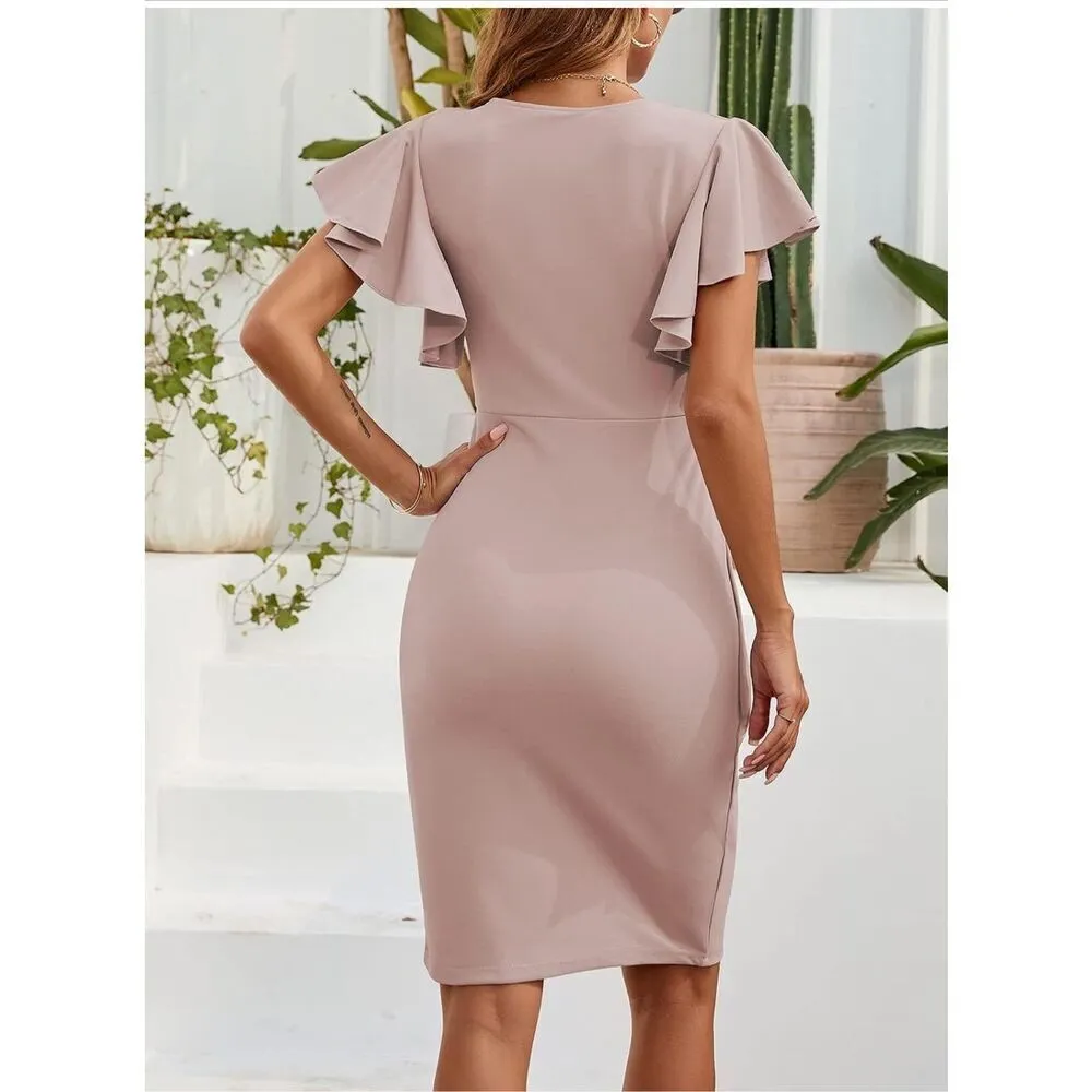 NEW V Neck Ruffle Sleeve Bodycon Wrap Casual Dress XL Pink - Image 3
