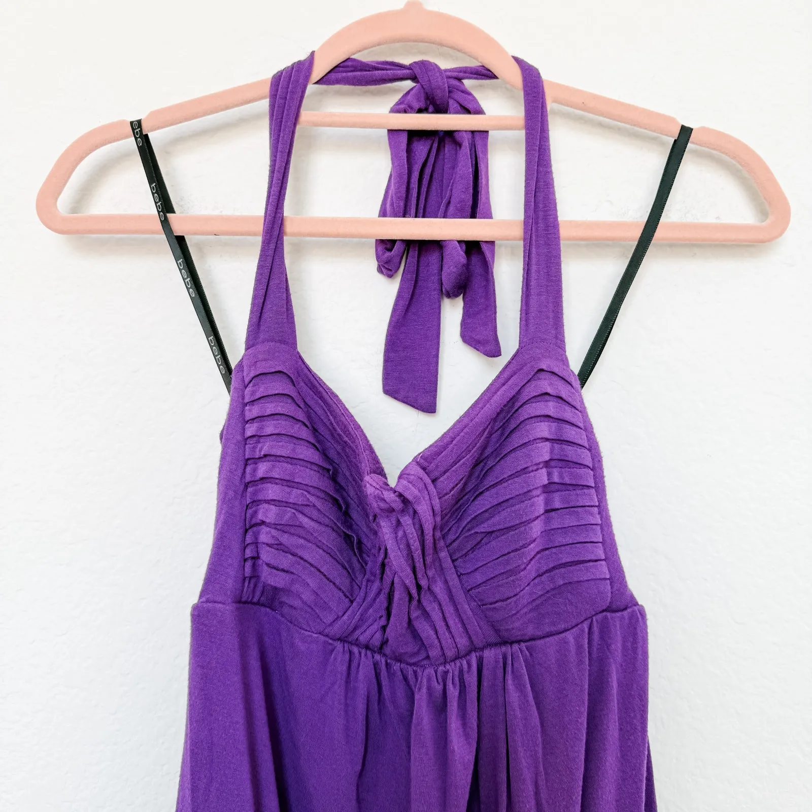 Y2K Bebe Pleated‎ Babydoll Halter Top Draped Bust Purple Size S Coquette Glam - Image 2