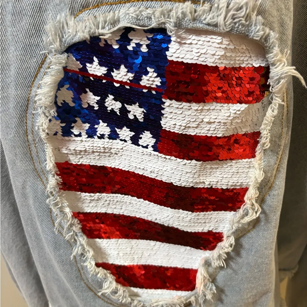 POL distressed denim jacket American flag patriotic sequence Americana S M L - Image 5