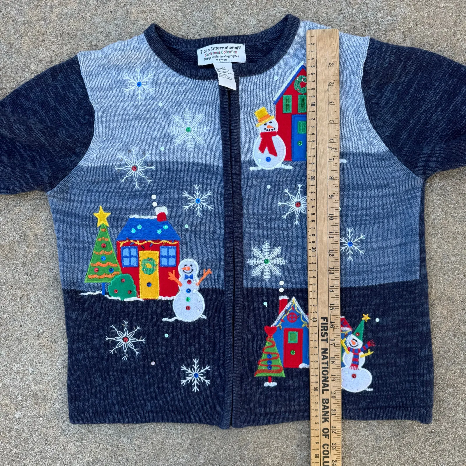 Y2K Tiara International Ugly Christmas Cardigan Winter Scene Snowman House 1X Blue - Image 9