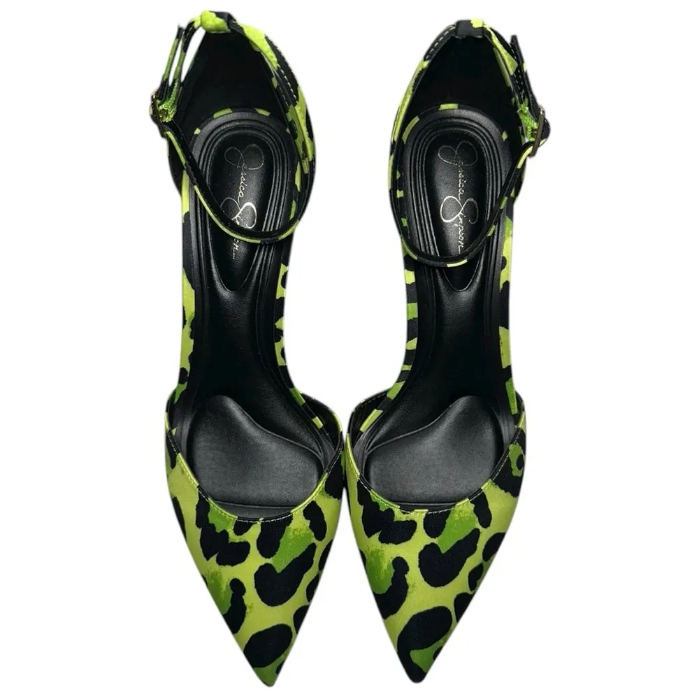 Jessica Simpson Women’s Sz 7 Green Black Leopard Satin Foxena Ankle Strap Heels - Image 4