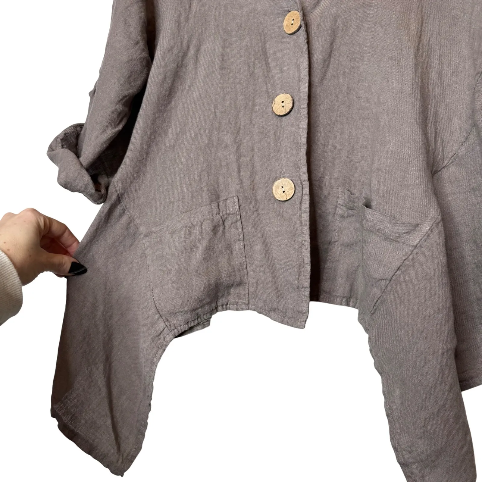 100% LIN BLANC Shirt Linen Button Front Taupe Size 44 / US Medium Brown - Image 3