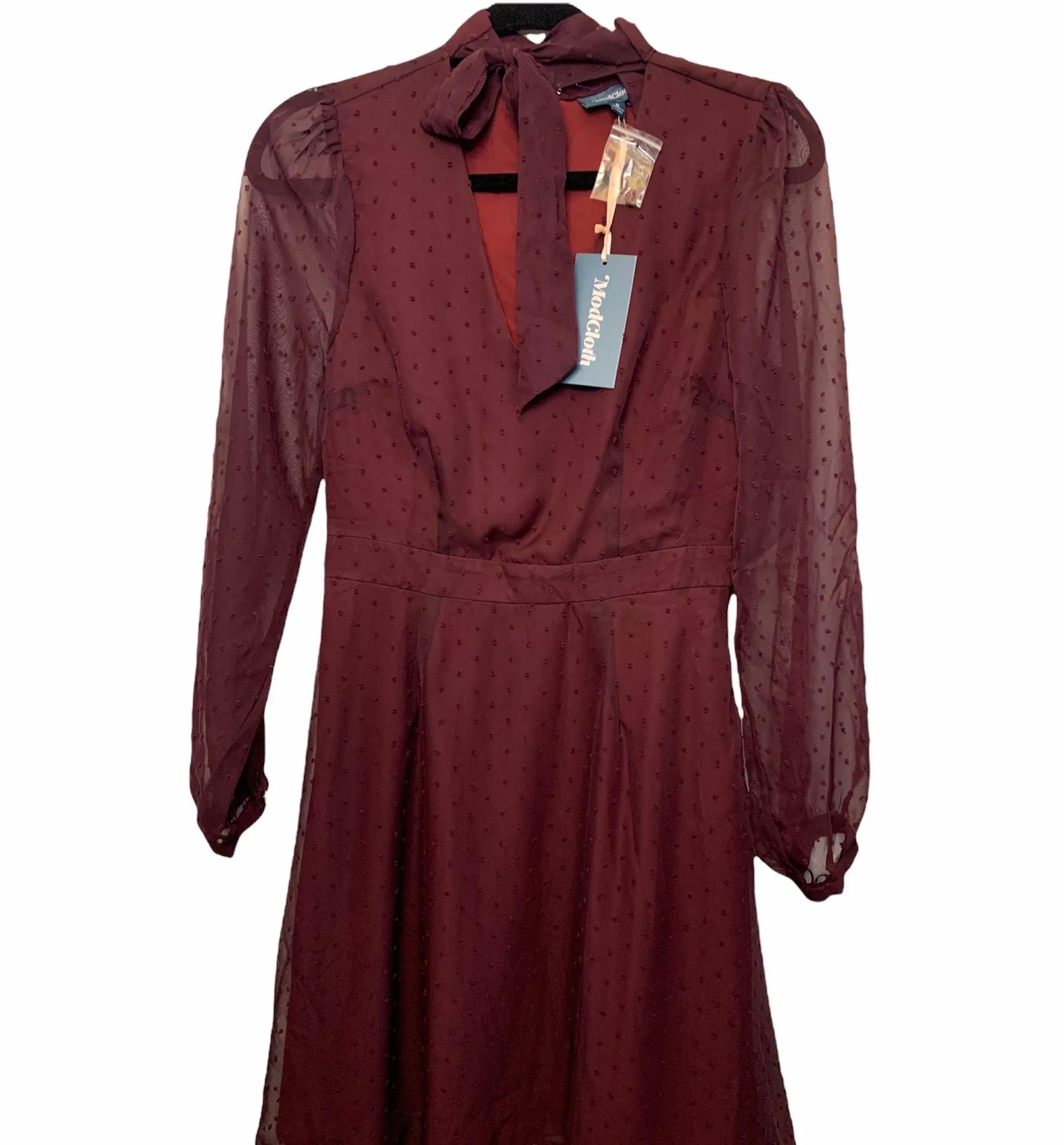 burgundy sheer sleeve dress - Image 2