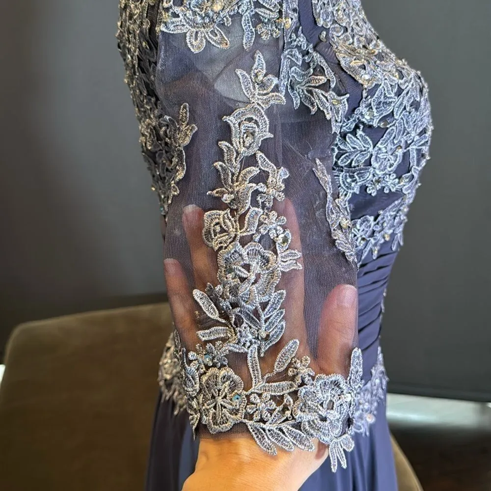 Women’s Short Blue Chiffon Prom Party Dress with Floral Detail Zip Back Size S - Image 4