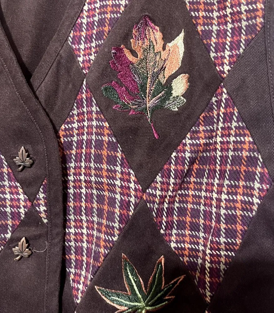 Vintage Bechamel Fall Vest Womens SZ M Embroidered Leaves Brown Argyle Size M - Image 3