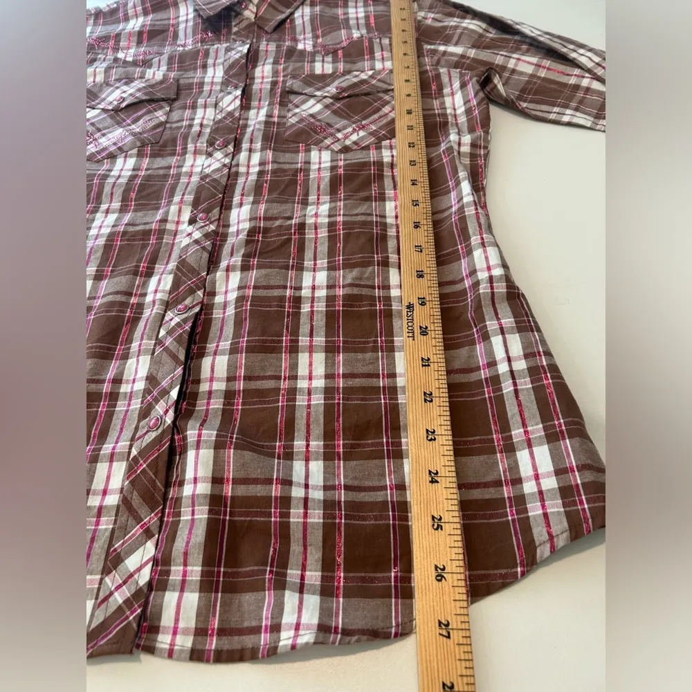 Cowgirl Hardware Pearl Snap Button Down Rhinestone Metallic Western Rodeo Plaid Brown Size L - Image 8