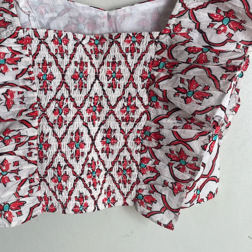 Ro's Garden Caracas Cotton Flutter-Sleeve Square-Neck Blouse Red Pompeii - Image 8