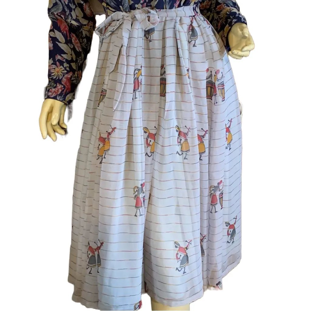 HANDCRAFTED BLUE MIDI DRESS WITH MIXED PATTERN BIRDS AND MUSICAL (APPX XL) - Image 8
