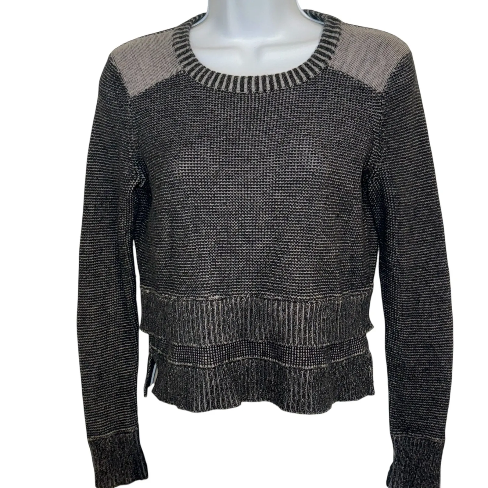 MARGARET O'LEARY Charcoal Grey Textured L/S Tiered Crew Neck Cotton Crop Top S - Image 2