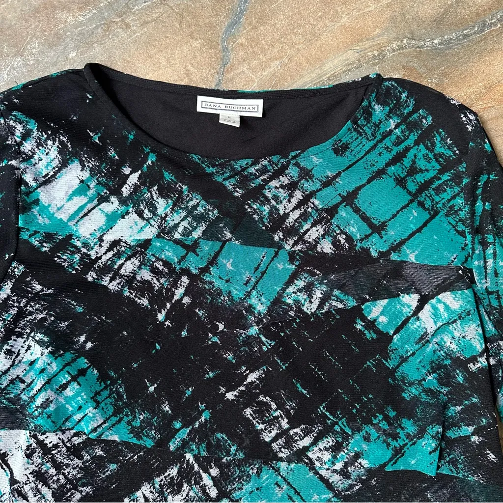 Dana Buchman Abstract Print Sheer Ruffle Blouse Women's Size Large 3/4 Sleeve - Image 3