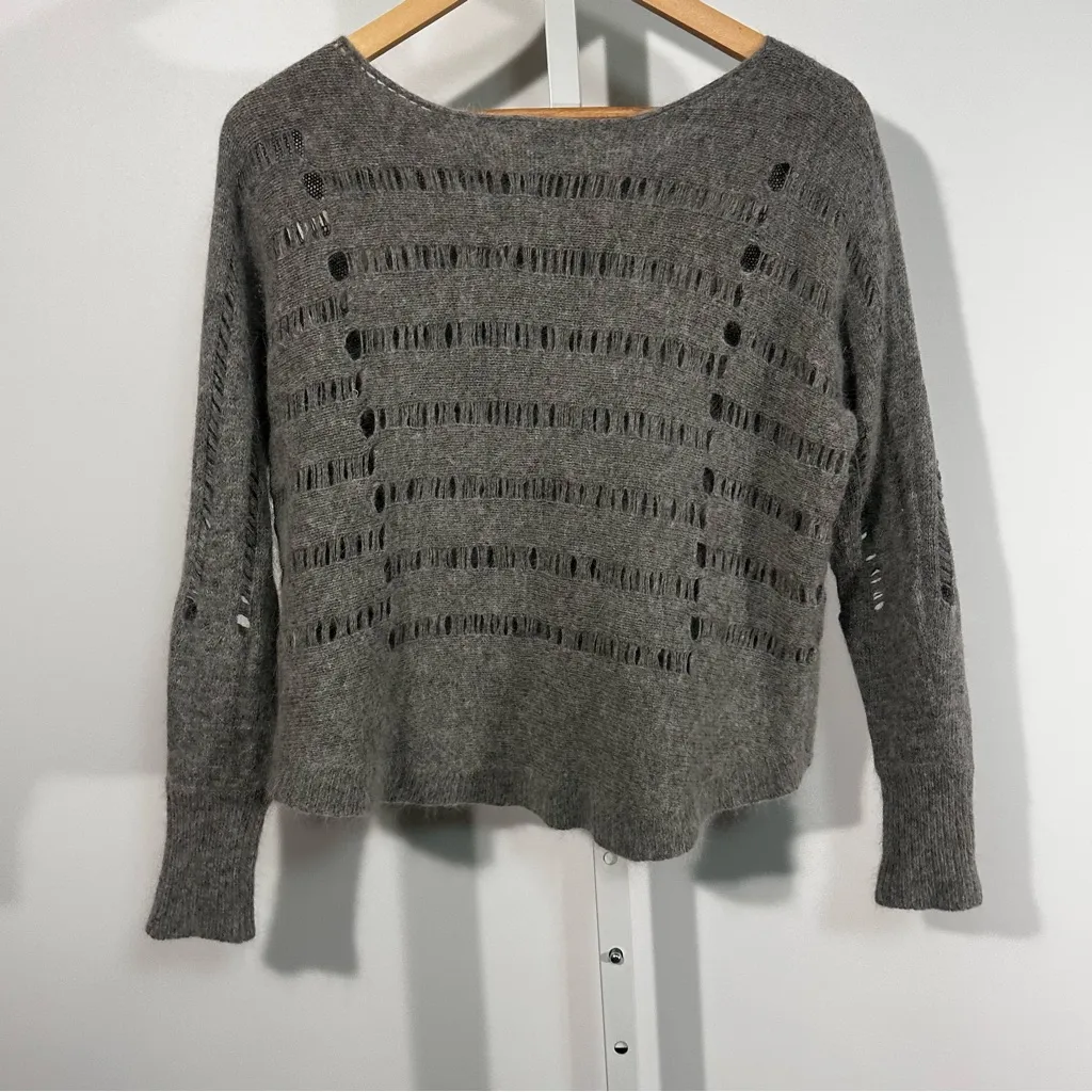 Ryu Angora Wool Blend Distressed Open Knit Sweater Gray M - Image 6