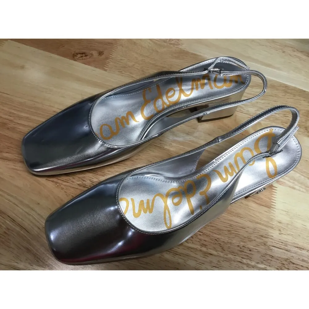 Sam Edelman Terra Women's 8 Silver Leather Sling Back Square Toe Pump Heels - Image 9