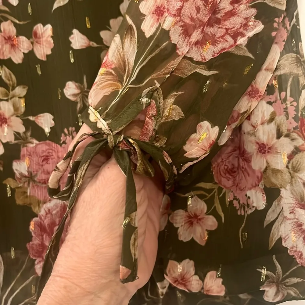 NWT Haver + Blair London Green Red Floral Top Blouson Waist Size Large - Image 6