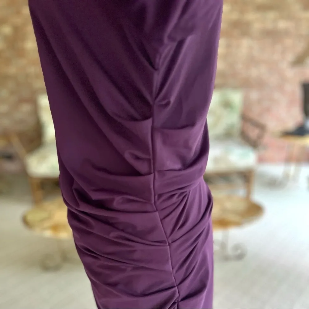 Venus Dress Ruched Bodycon Jersey Knit Purple L Cocktail Party Chic Glam Mod - Image 12