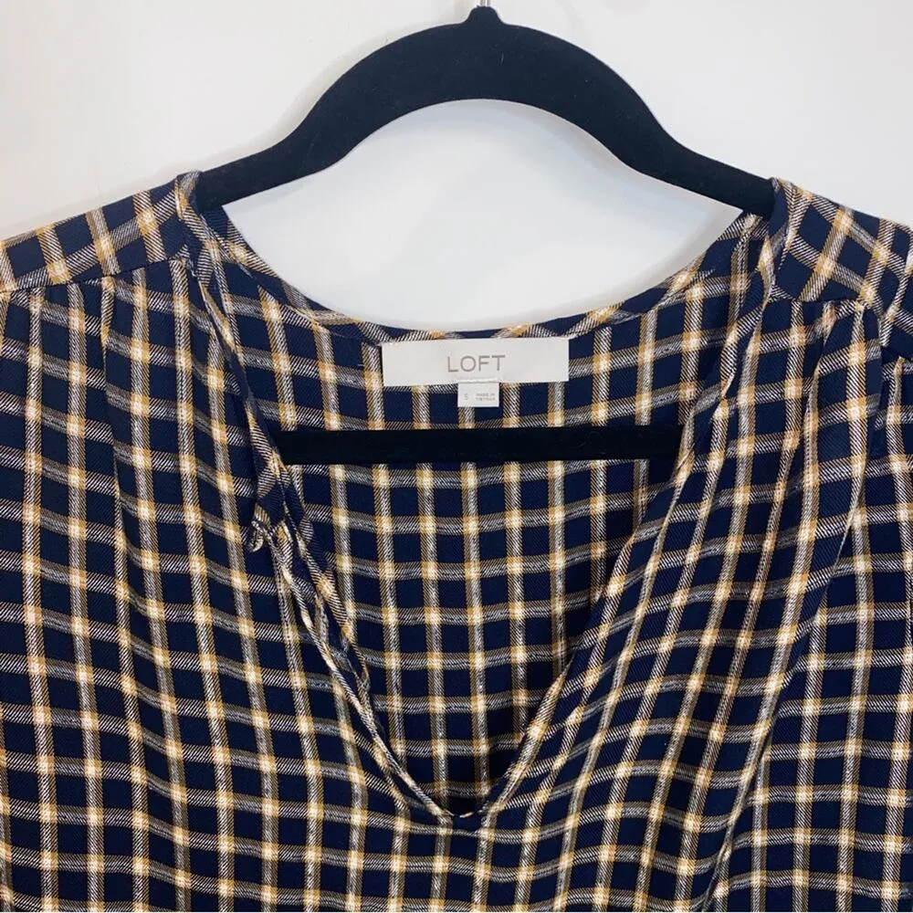 LOFT Navy Blue Metallic Gold Plaid Tiered Shirt Long-Sleeved Dress Small Prairie - Image 4