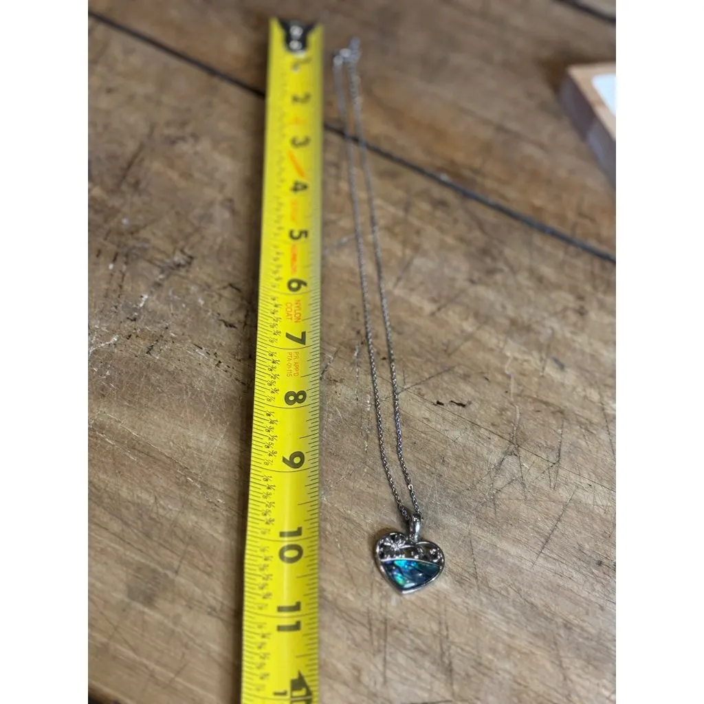 Heart-Shaped Sterling Silver Pendant With Abalone Inlay & Floral Detail On Chain - Image 8