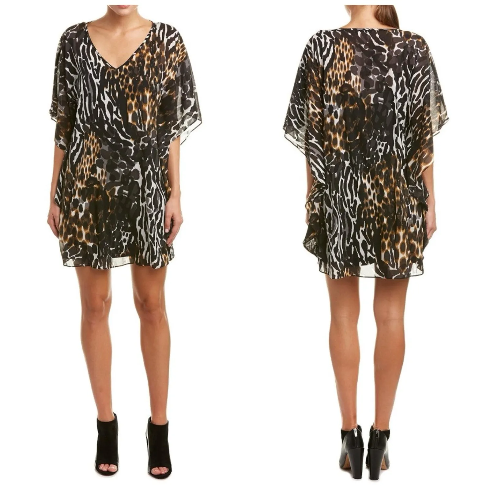 Trina Turk Georgette Dress Silk Leopard Kaftan Tunic M Two Piece Dolman Sleeve - Image 3