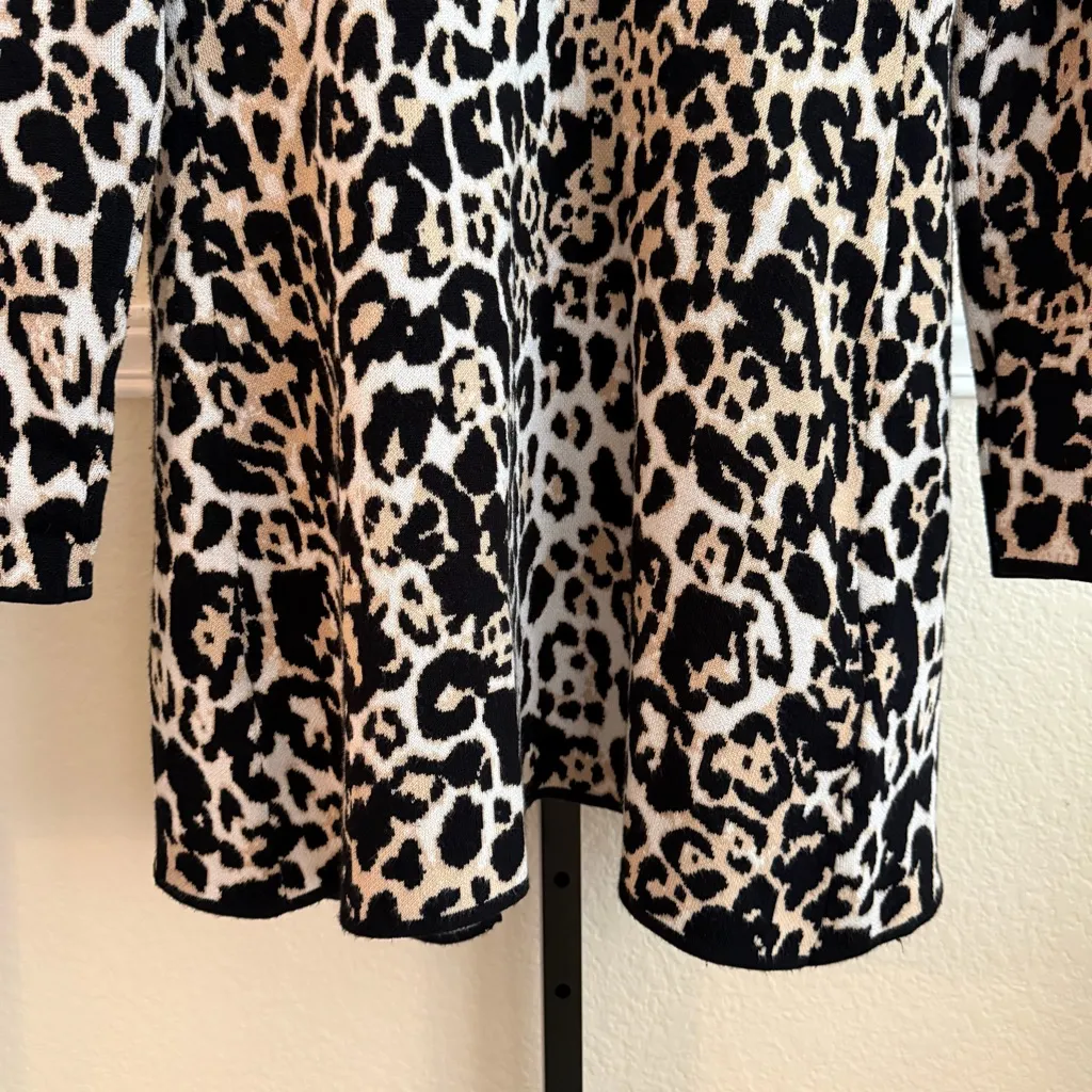 Leopard Print Open Front Cardigan Lightweight Knit Neutral Layering Oversized Black - Image 3