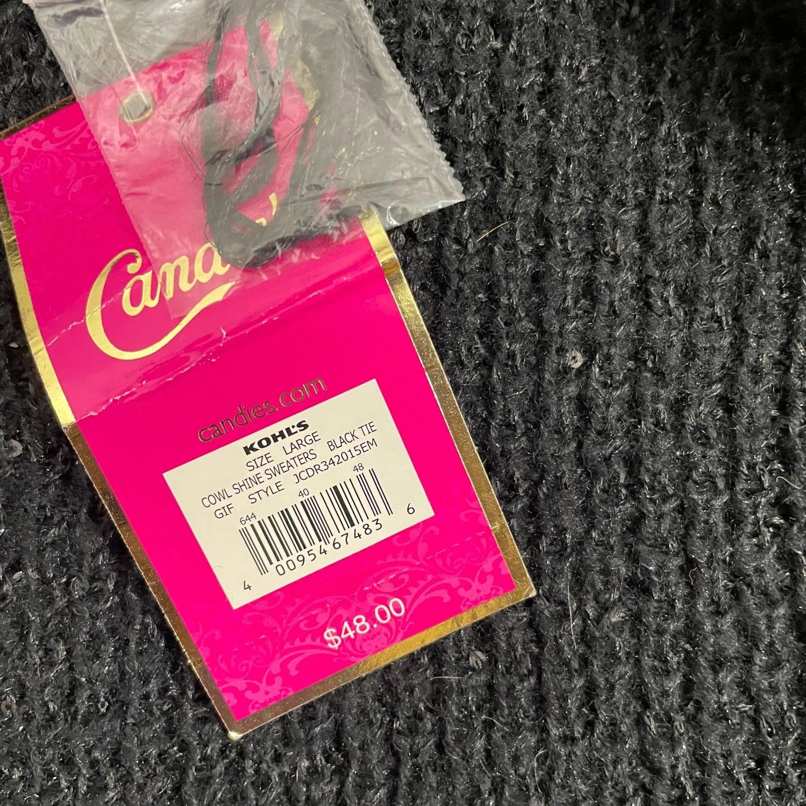 Candie's Cowl Neck Sweater Women L Black Shine Knit Ribbed Pullover NEW - Image 2