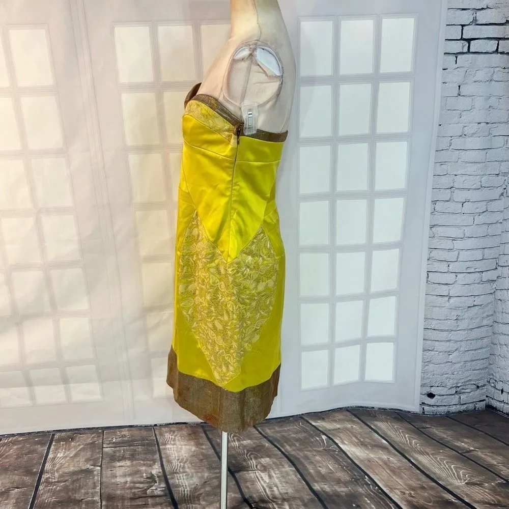 Nicole Miller collection yellow silk satin lace accent strapless cocktail dress - Image 6