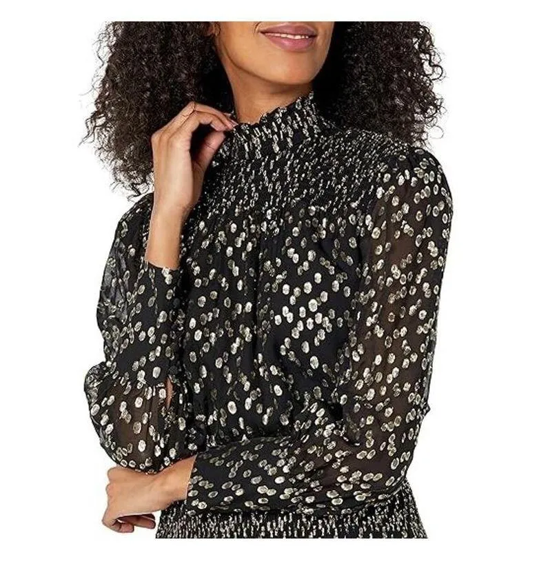 Milly Vicky Gold Metallic Dot Clip Blouse Smocked Black Sz S Cocktail Party Top - Image 5