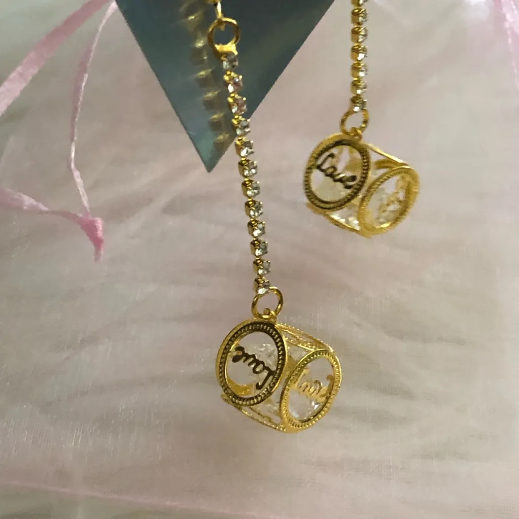 Gold Tone Dangle Earrings w/Tiny Stones in a Box w/Love written on All 4 corners - Image 3