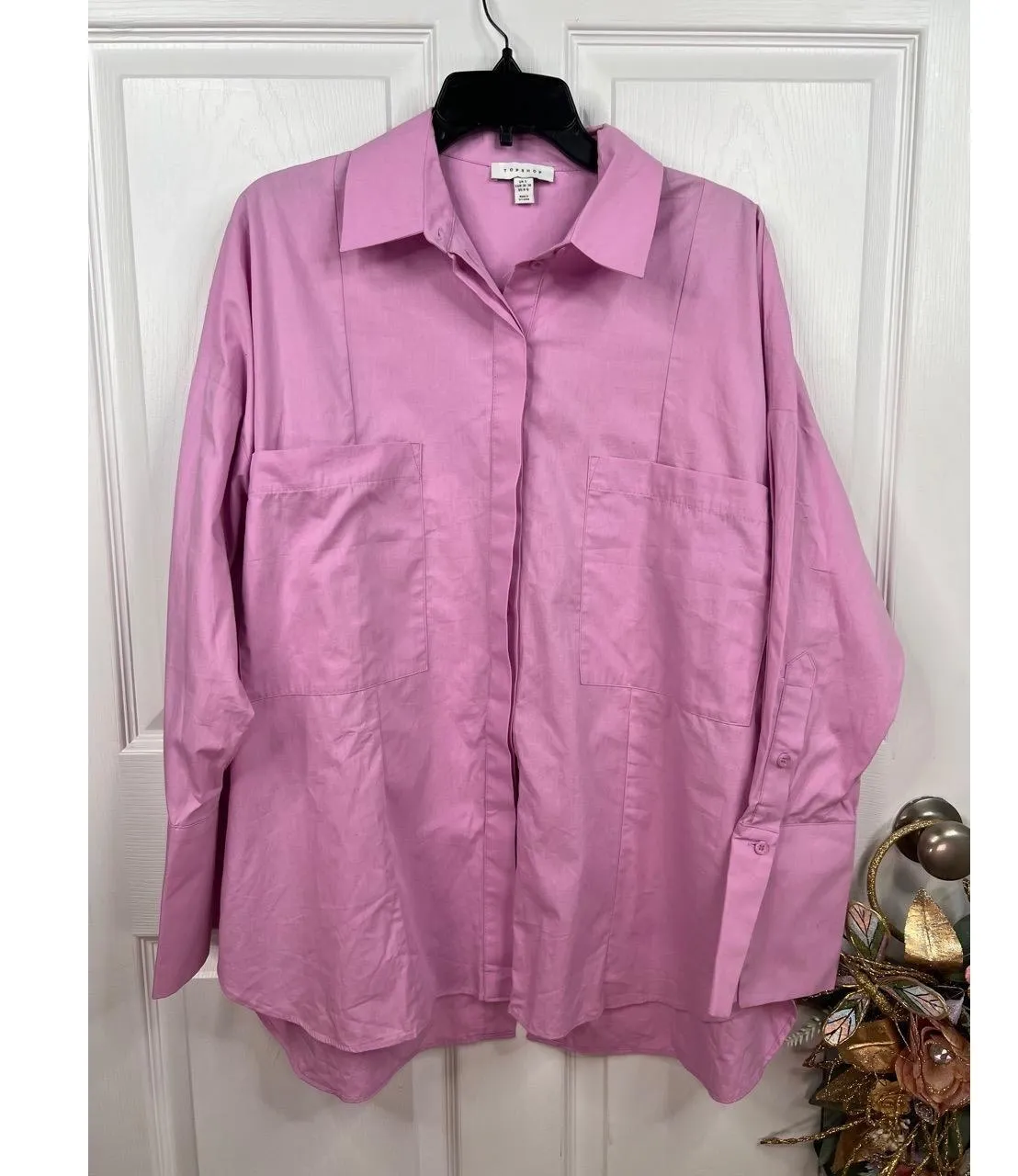 Topshop Shirt Oversized Sz US S 4-6 Pink Collared Long Sleeve Split Back Cotton - Image 2