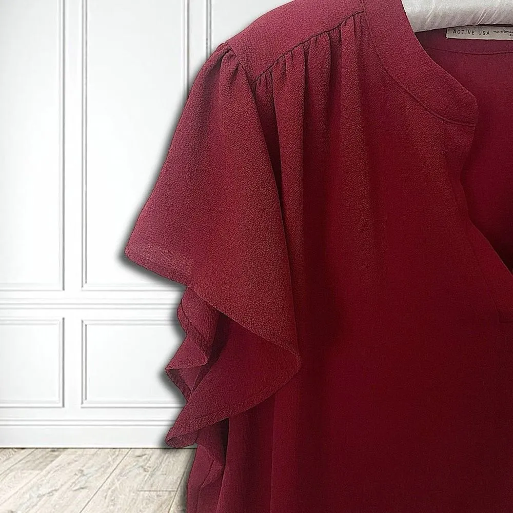 Active USA Cranberry Red V Neck Flutter Sleeve Top Sz 1X - Image 2