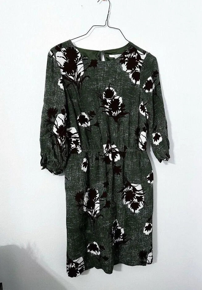 Boden Jodie Floral 3/4 Sleeve Knee Length Dress Women's Sz 8L Green Elastic Boho - Image 5