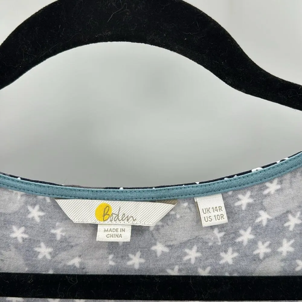 Boden Dress Navy Blue Gray Birds Bell Sleeve Stretch star novelty print size 10 - Image 9