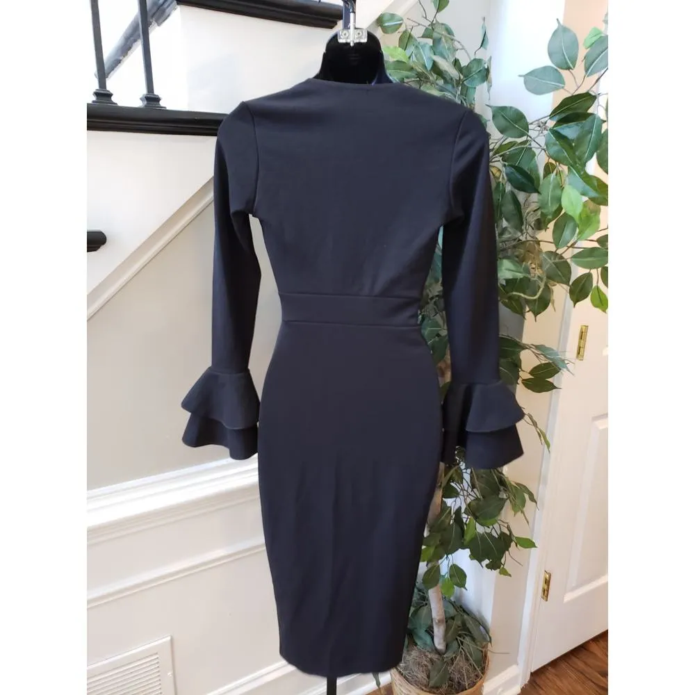 Womens Shirt Dress XS Black Stretch Tight Waist Flare Sleeve V Neck Button Front - Image 3