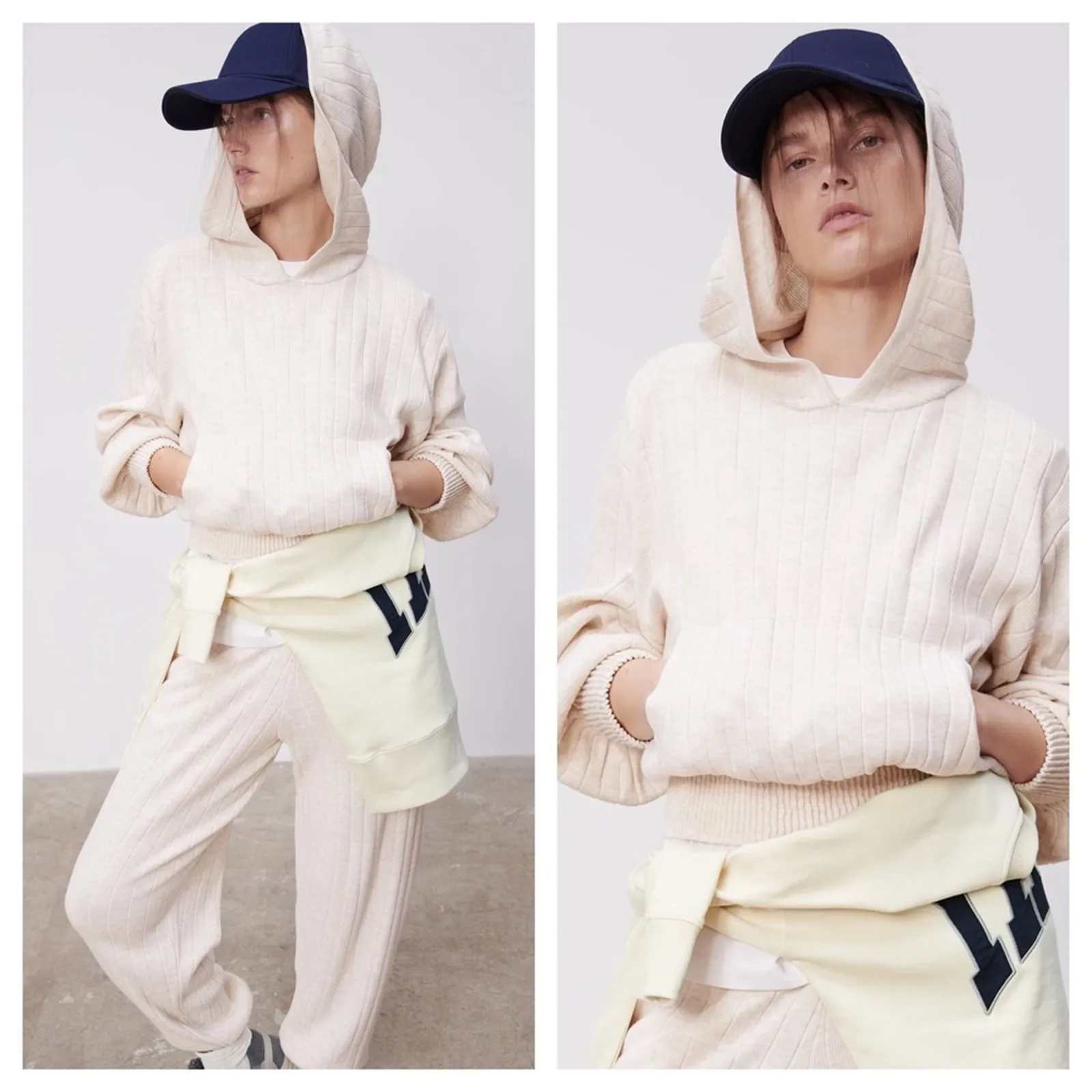 Zara Cream Cropped Knit Ribbed Oversized Comfy Hoodie Sweatshirt Medium Chic - Image 6