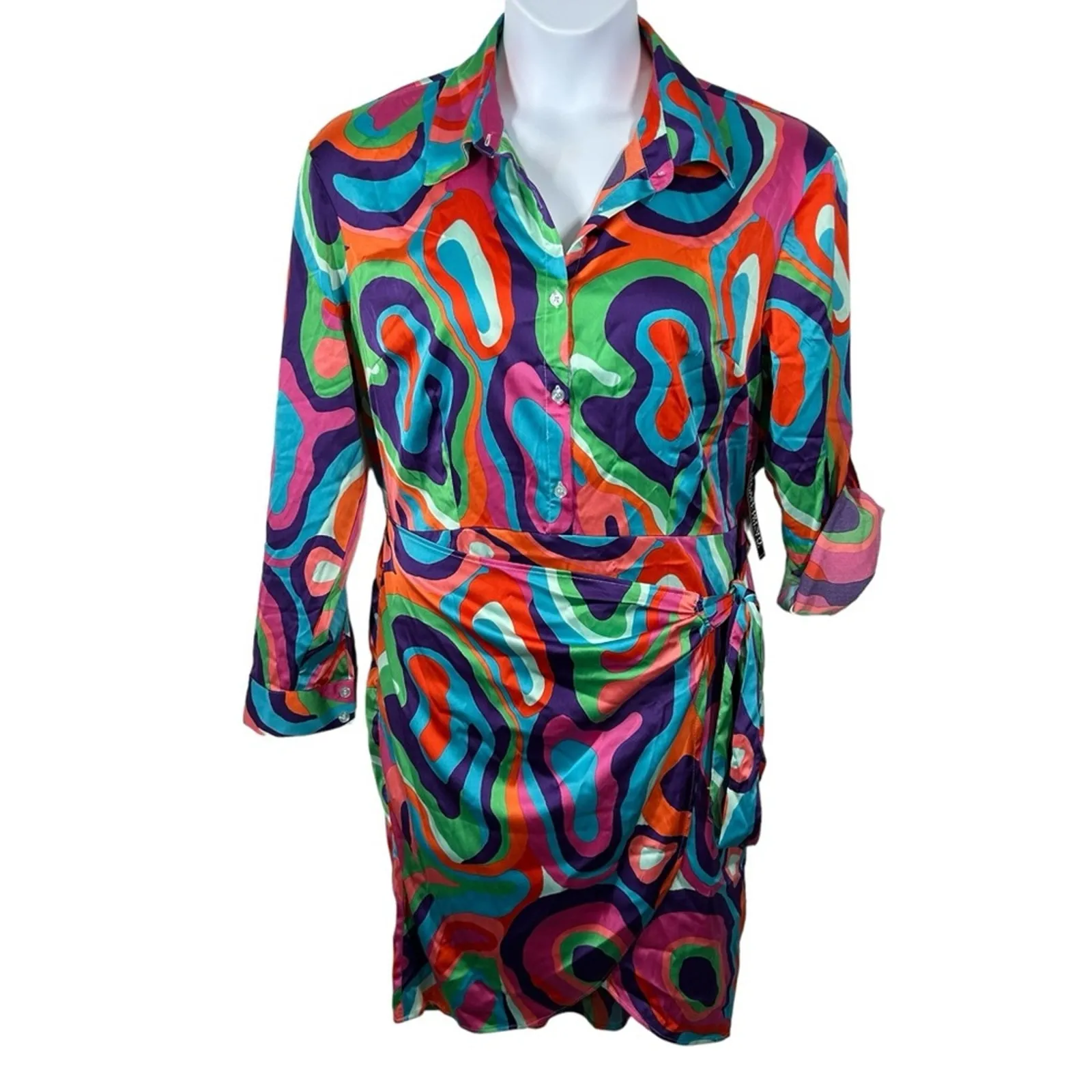 NWT New York & Company Abstract‑Print Wrap Shirtdress Large Faux Wrap Button Pink - Image 2