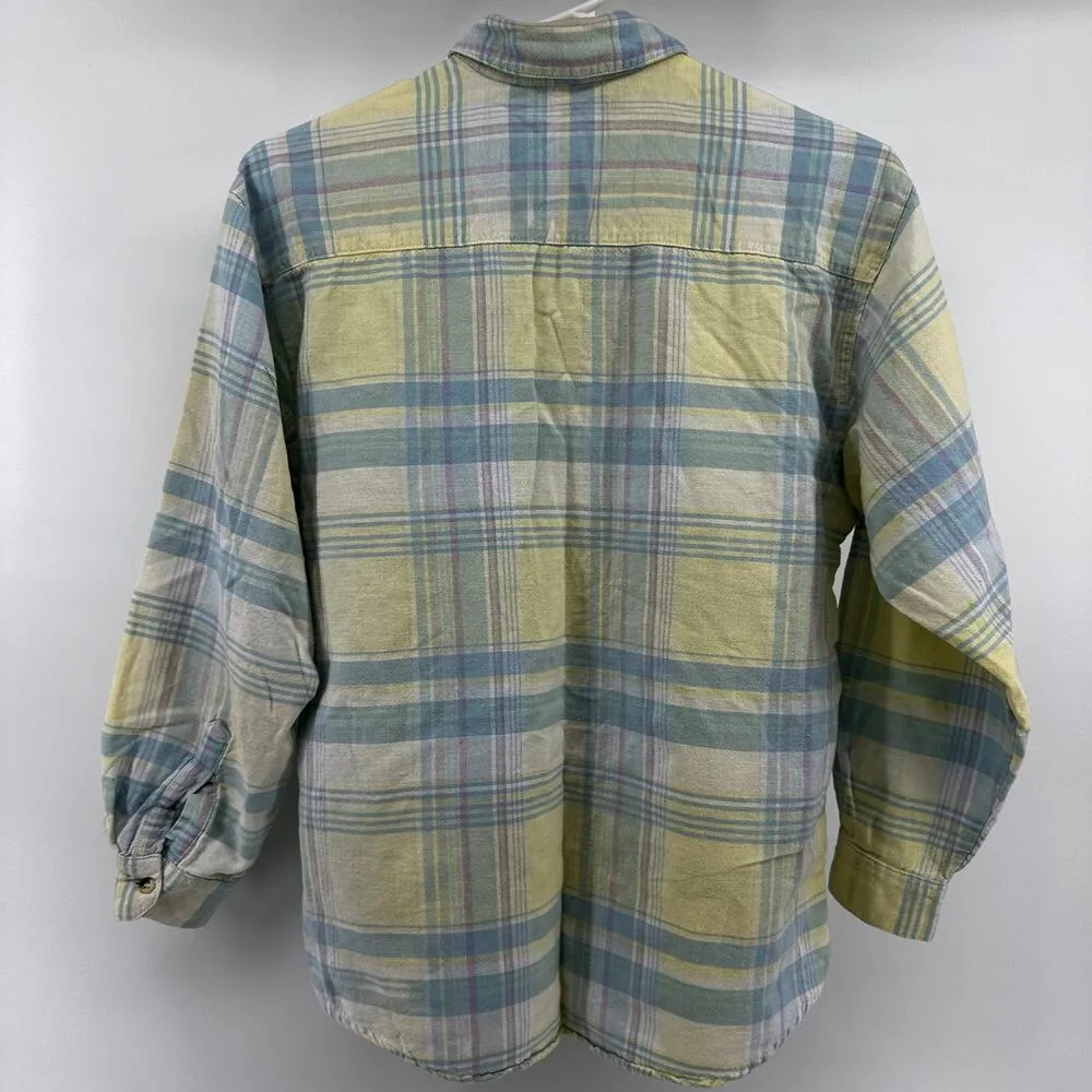 VTG Diane Von Furstenberg Plaid Button Down 80s Shirt 100% Cotton Yellow Blue M - Image 4