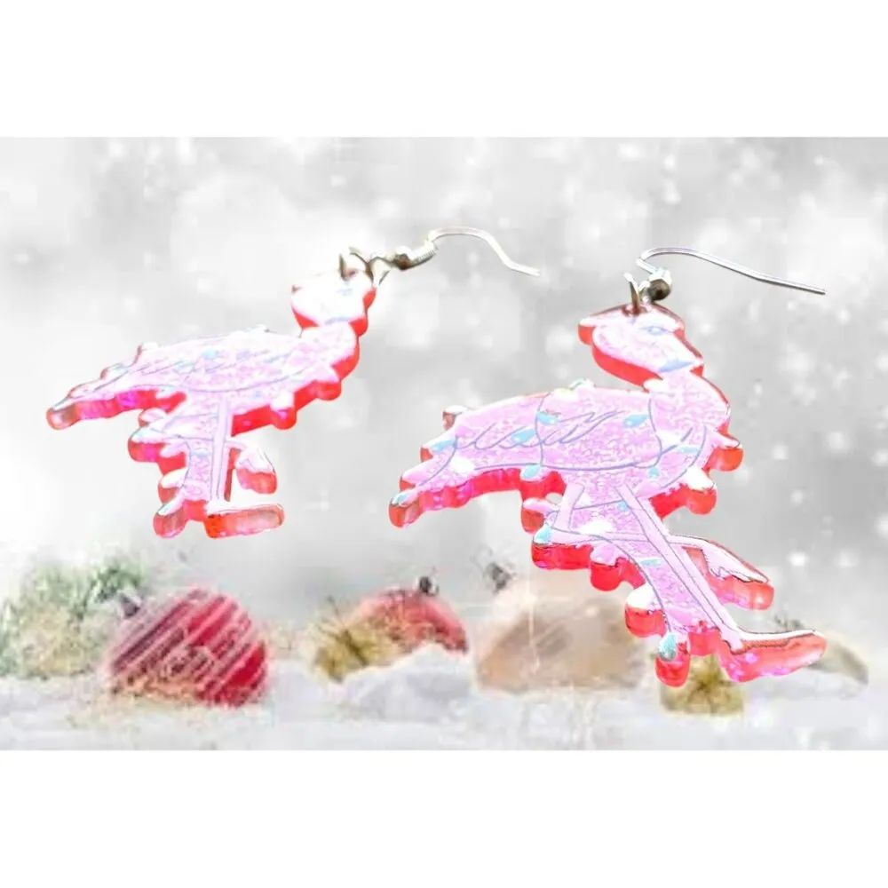 Christmas Flamingo Earrings New Santa Hat Holiday Lights Glitter Accents… Pink - Image 10