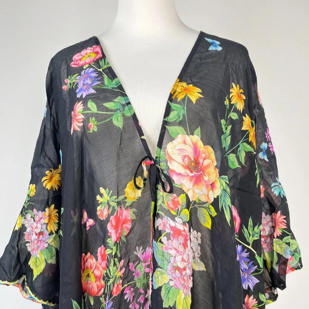 NWOT Johnny Was Black Butterfly Floral Silk Blend KIMONO Cover Up Front Tie Sz S - Image 3